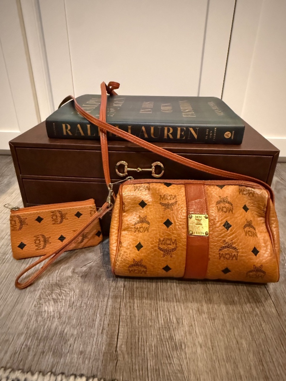 MCM Visetos Cognac Brown Crossbody & Matching Coin Purse, 2 piece set.